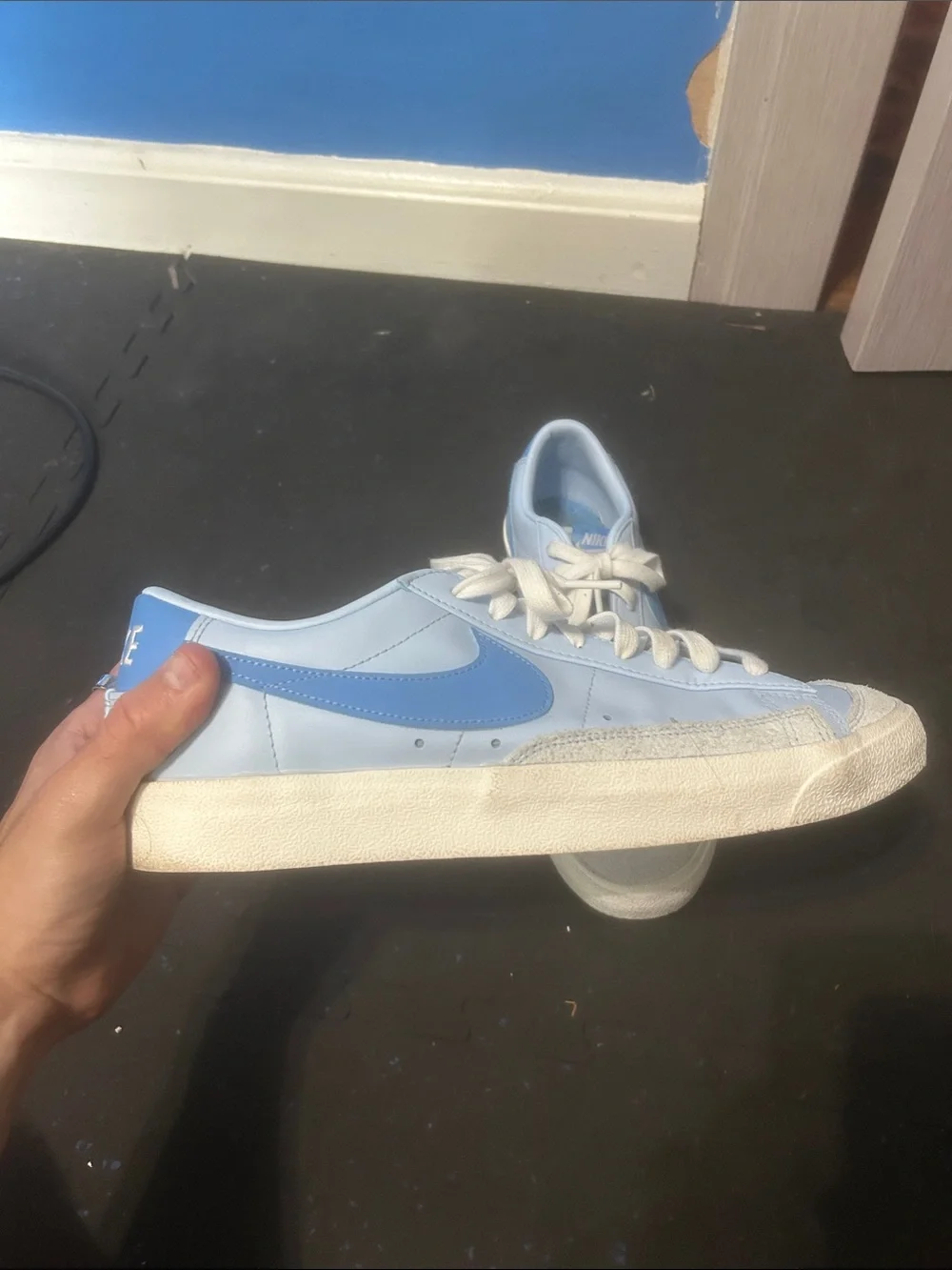 Nike Light Blue and White Low-Top Sneakers with Blue Swoosh